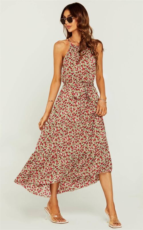 Rose Flora Print Halterneck Tiered Maxi Dress In Beige