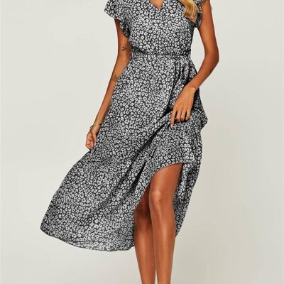Ruffled Angel Sleeve Wrap Dress In Black Leopard Print