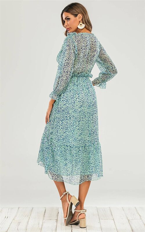 Ruffled Chiffon Mini Dress In Mint Blue Leopard Print