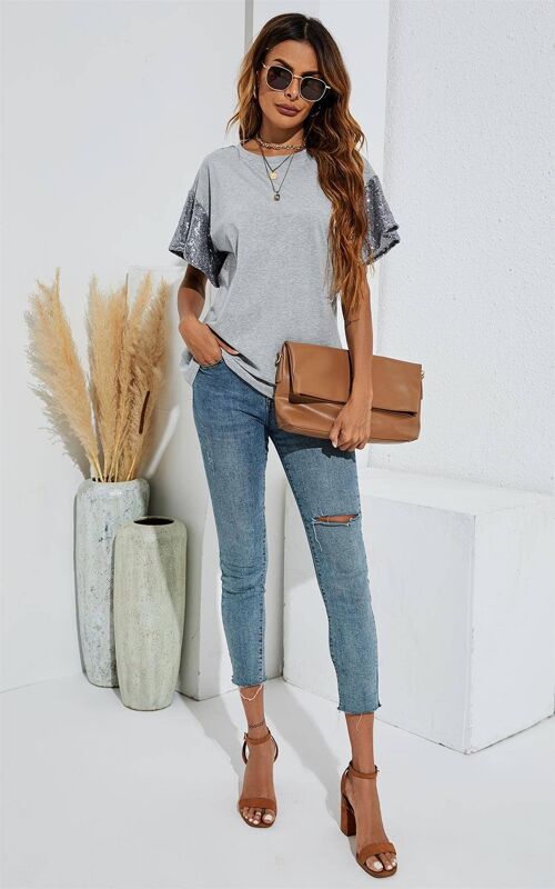 Sequin Sleeve Relaxed Simple Style T Shirt Top In Grey
