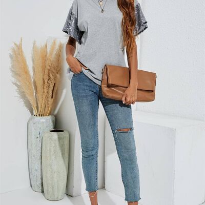 Sequin Sleeve Relaxed Simple Style T Shirt Top In Grey
