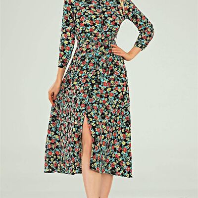 Shirt Dress In Black & & Red Blue Yellow Ditsy Floral Print