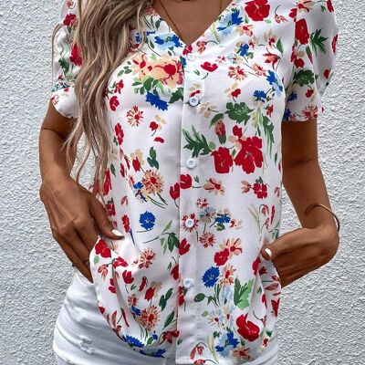 Short Sleeve Buttoned Blouse Top In White & Blue Red Flora Print