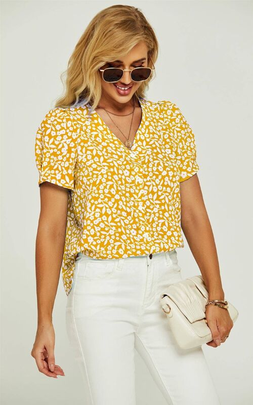 Short Sleeve Buttoned Blouse Top In Yellow & White Flora  Print