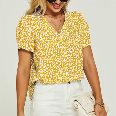 Short Sleeve Buttoned Blouse Top In Yellow & White Flora  Print