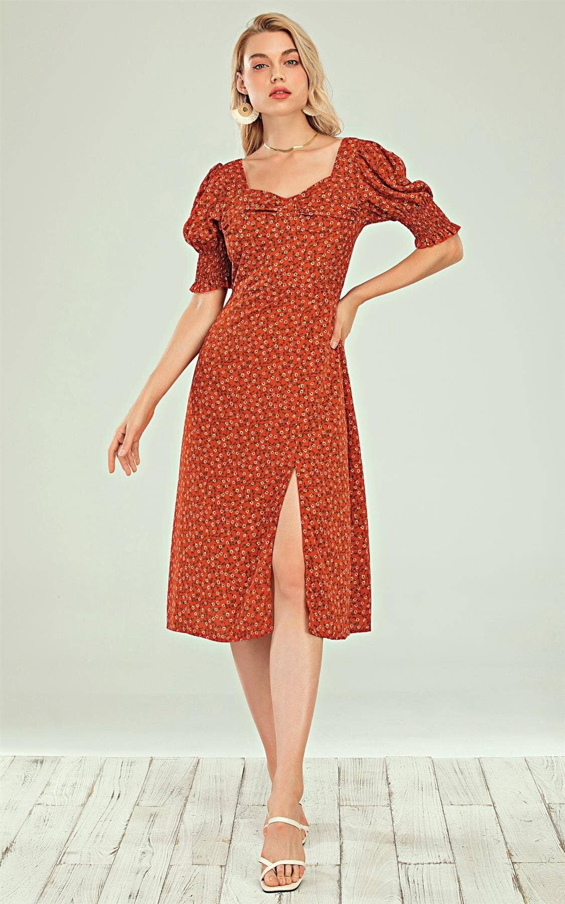 Short Sleeve Split Leg Midi Dress In Red Ditsy Floral Print
