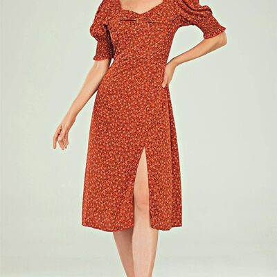 Short Sleeve Split Leg Midi Dress In Red Ditsy Floral Print