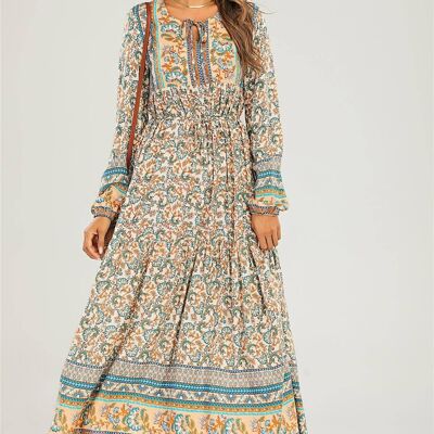 Smock Midi Dress In Blue & Mint Mixed Floral Printed