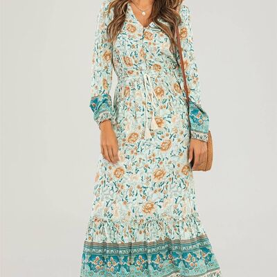 Smock Midi Dress In Mint Green & Orange Floral Printed