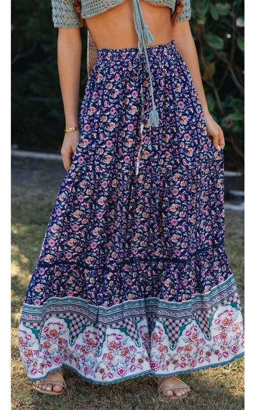 Smocked Tiered Maxi Skirt In Navy & Pink Roses Floral Print