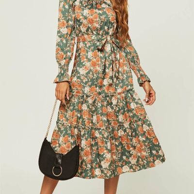 Square Neck Layered Ruffle Long Sleeves Midi Dress In Green Floral Print