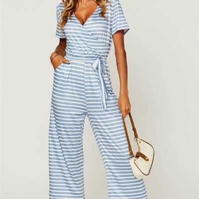 Strip Loose Jumpsuit With Short Sleeve In Light Blue