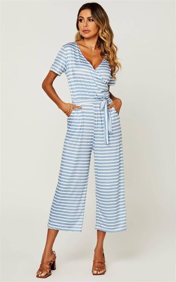 Strip Loose Jumpsuit à manches courtes en bleu clair 4