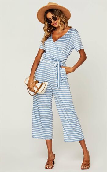 Strip Loose Jumpsuit à manches courtes en bleu clair 2