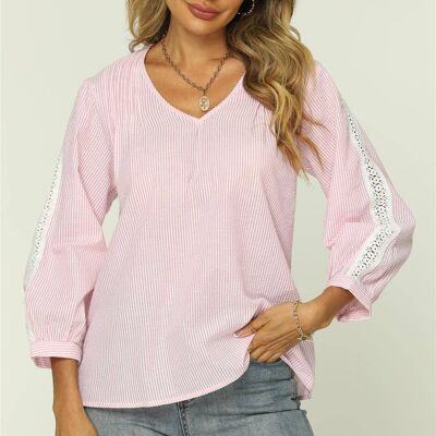Strip Print V Neck Lace Trim Sleeve Top In Pink