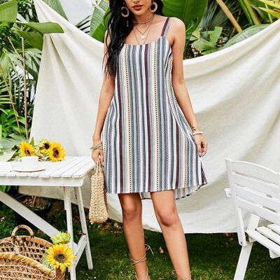 Striped Print Strappy Dress In White & Beige & Mint & Black & Red