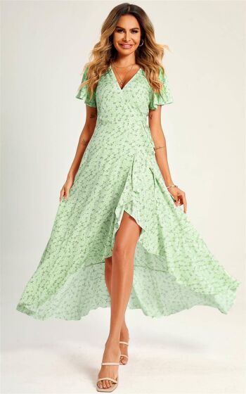 Robe d'été mi-longue portefeuille à imprimé floral et ourlet en vert menthe 1