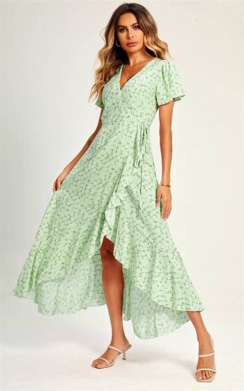 Robe d'été mi-longue portefeuille à imprimé floral et ourlet en vert menthe 2