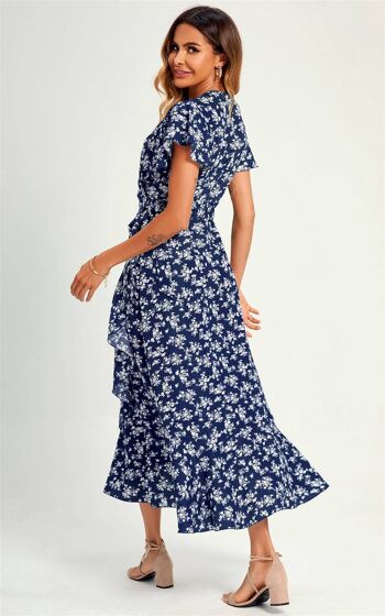 Summer Little - Robe mi-longue cache-cœur à imprimé fleuri et ourlet - Bleu marine 4