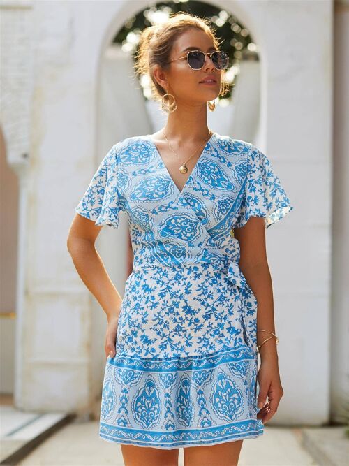 Summer Mini Dress In Sky Blue Floral Print