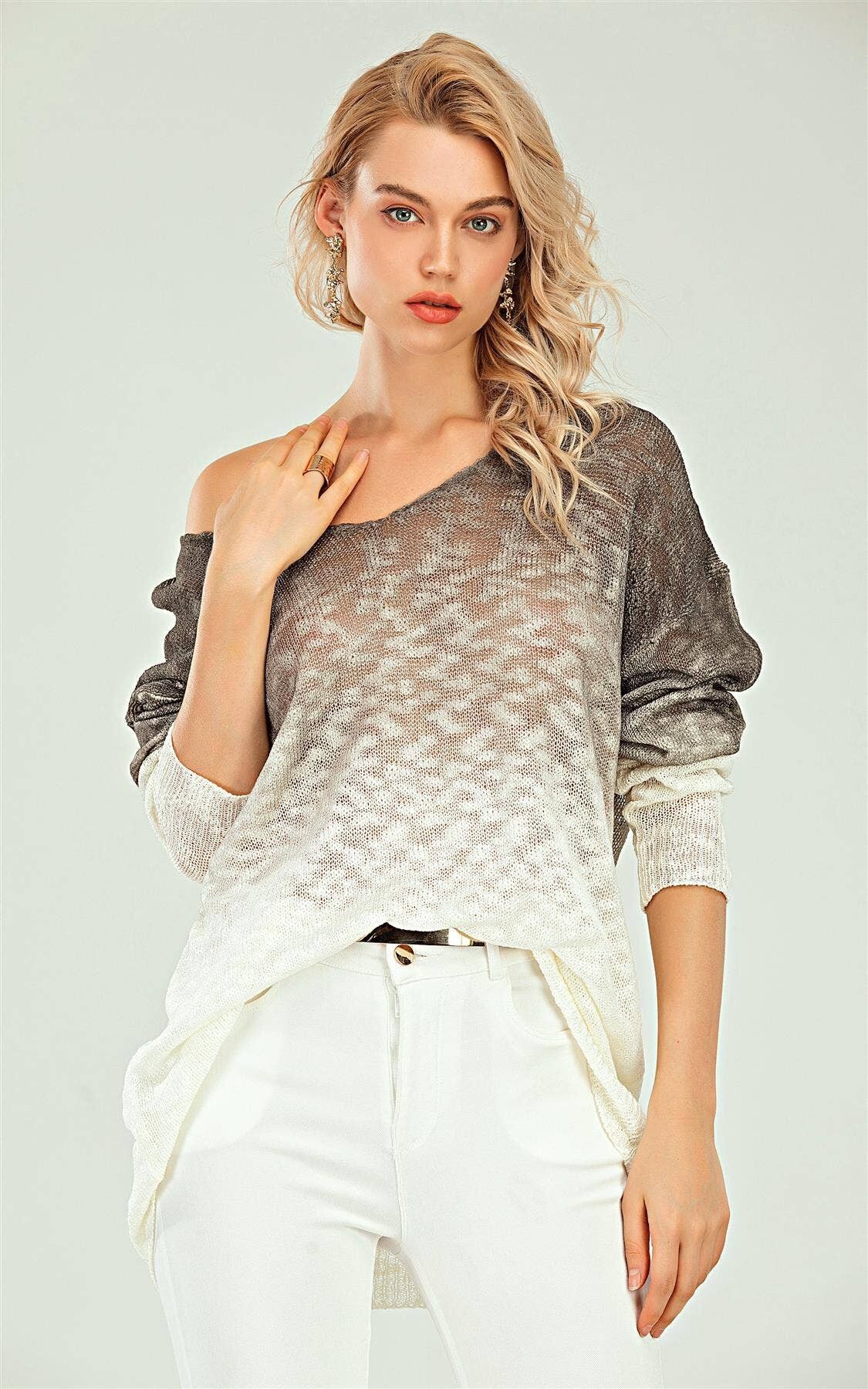 Maglione con scollo a V rilassato Tie Dye in grigio bianco