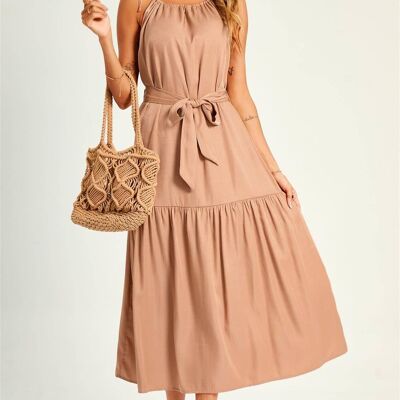 Tie Halter Neck Tiered Midi Dress In Nude Pink