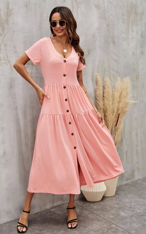 Tiered Button Front Midi Dress In Pink