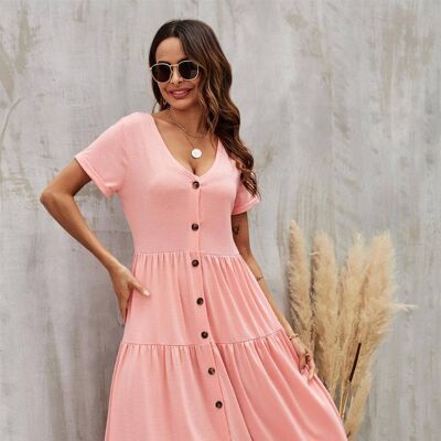 Tiered Button Front Midi Dress In Pink
