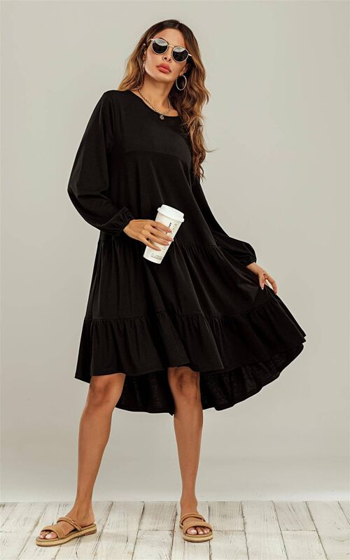 Tiered Crinkle Tunic Midi Dress In Black Loungewear