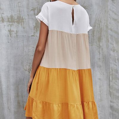 Tiered Smock Dress In White & Beige & Yellow