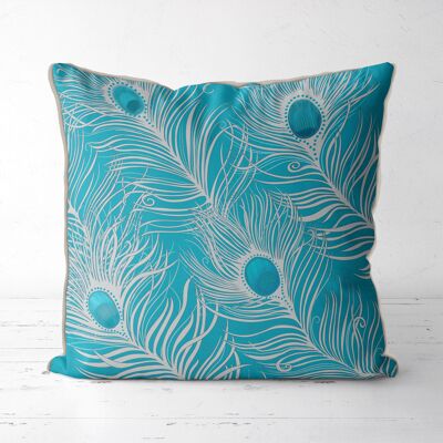 Peacock Feathers, Grey on Turquoise, Cushion / Throw Pillow