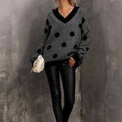 V Neck Jumper In Charcoal Grey & Black Polka Dot Print