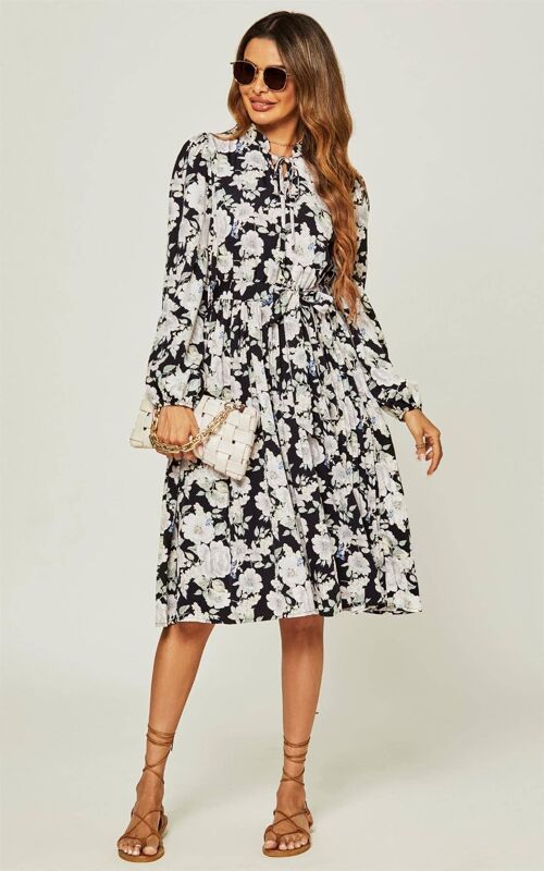 V Neck Long Sleeve Frill Detail Pleated Skirt Midi Dress In Black Flora Print