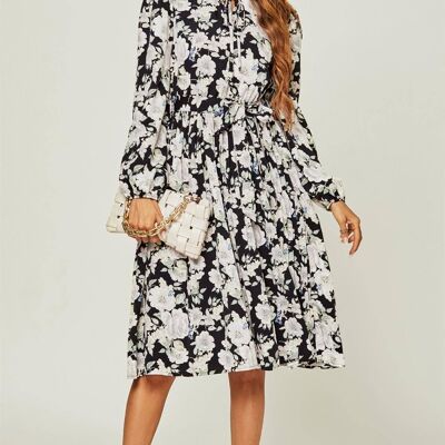 Robe mi-longue avec jupe plissée et manches longues à encolure en V et imprimé floral noir
