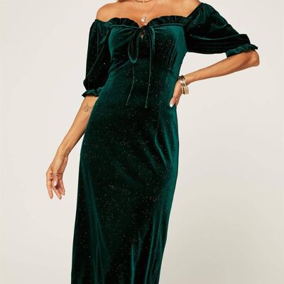 Velvet Heart Neck Puff Sleeve Midi Dress In Forest Green