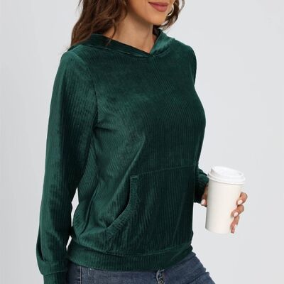 Velvet Hoodie Top With Pocket In Green