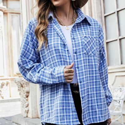 White Brushed Check Oversized Pocket Detail Shirt Jacket In Blue