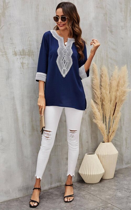 White Lace Detail Top In Navy