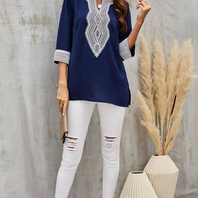 White Lace Detail Top In Navy
