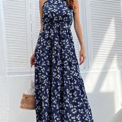 White Little Flora Halter Neck Maxi Layer Dress In Navy