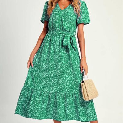 White Little Flower Print Short Sleeve Wrap Style Midi Dress In Green