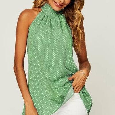 White Polka Dot Print Halter Neck Tie Back Top In Green