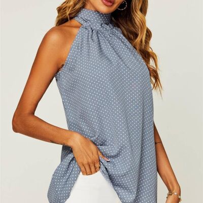 White Polka Dot Print Halter Neck Tie Back Top In Grey Blue