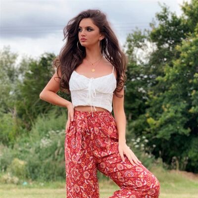 Wide Leg Trousers With Elastics Waist Band And Pockets In Orange Floral
