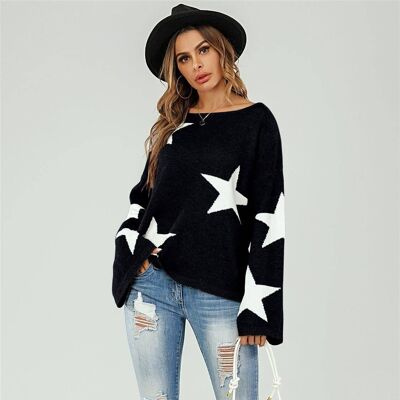 Wide Sleeve Oversize Black Jumper With White Star