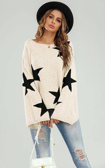 Maglia Oversize Crema A Manica Ampia Con Stella Nera
