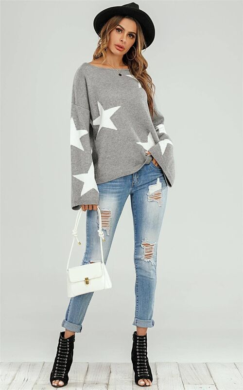 Wide Sleeve Oversized Grey Jumper With White Star