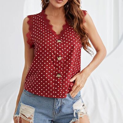 Wine Red White Dot Button Down Lace Trim V Neck Sleeveless Blouse