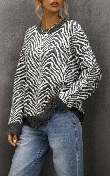 Maglione con stampa animalier Zebra in bianco e grigio