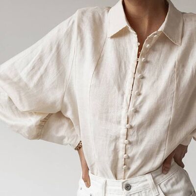 dames blouse | beige | dameskleding | pofmouwen | linnen / katoen